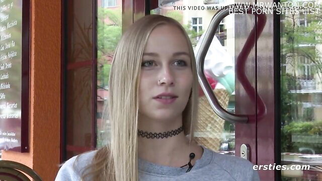 Blonde teen Sirena masturbates in gray hoodie choker closeup