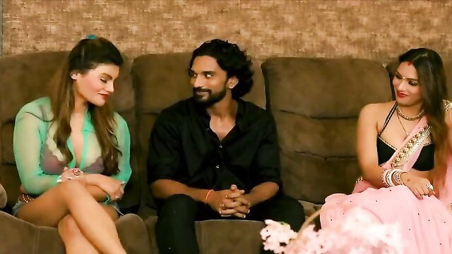 Sarla Bhabhi in sexy saree with hunk on couch threesome tease