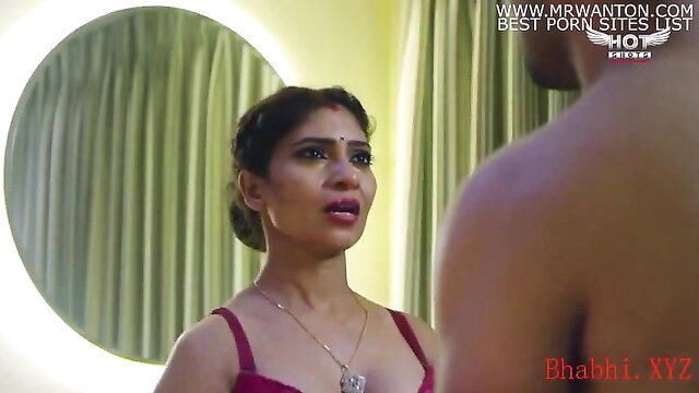 Indian bhabhi in red lingerie stares seductively at man on honeymoon