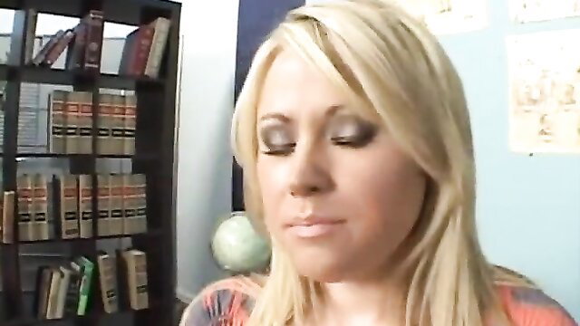Blonde Sindee Jennings closeup in library squirting scene