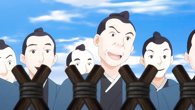 Group of 6 animated Japanese men tied with ropes in hentai JAV thumbnail