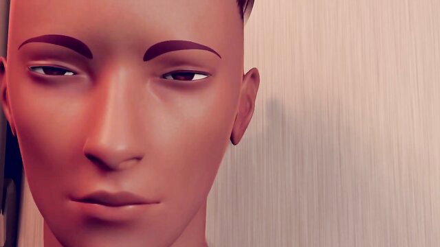 Sexy Asian male mannequin with sharp brows and glossy lips in hentai style