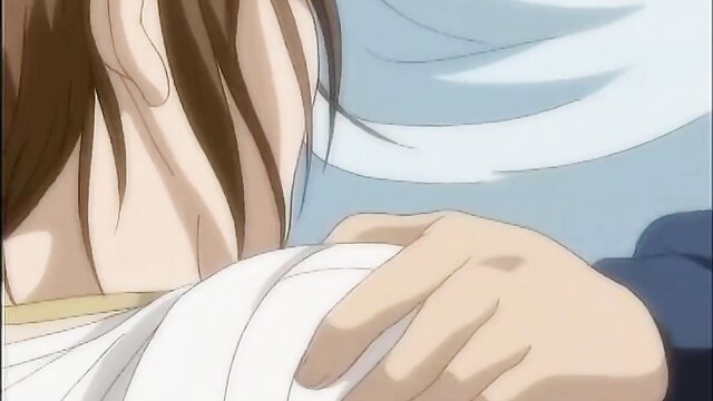 Shin-chan hentai girl with brown hair in white dress, hand on breast tease