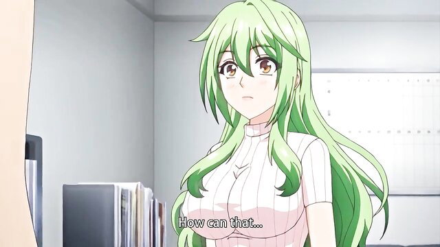 Busty green-haired anime teacher in tight white uniform, shocked expression from Mesu Kyoushi 4 hentai