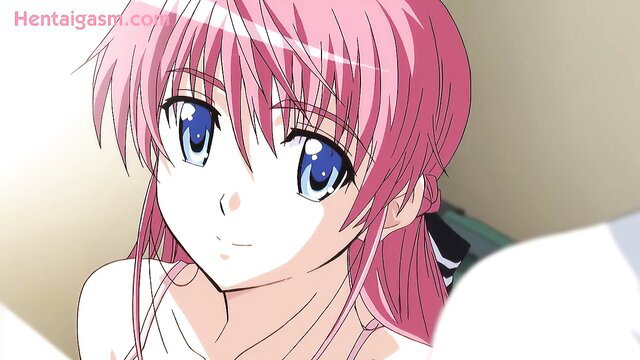 Pink-haired hentai girl with blue eyes smiling seductively