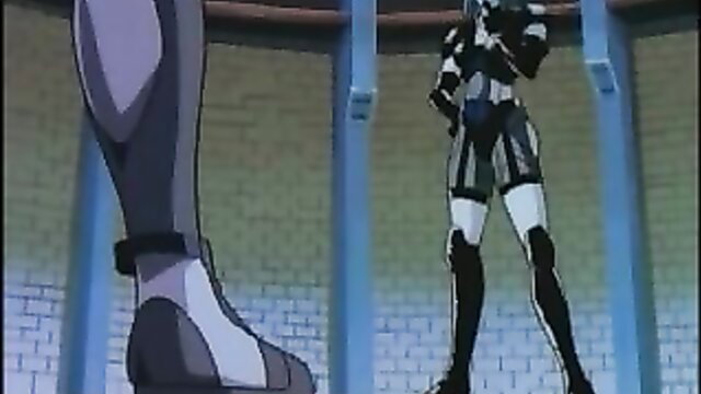 Anime babe in tight black bodysuit with thigh-high boots stands dominantly