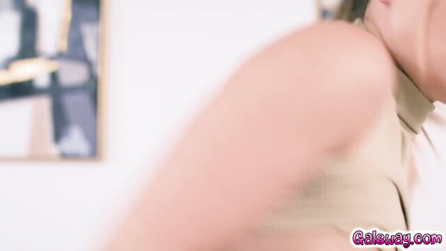 Anna licks Casey's wet pussy after ripping pantyhose, Girlsway lesbians