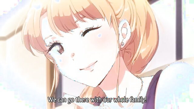 Blonde anime MILF Ane Wa Yan Mama smiles happily, family trip tease