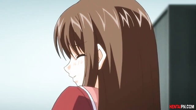 Innocent anime daughter with long brown hair looks back shyly before daddy's creampie