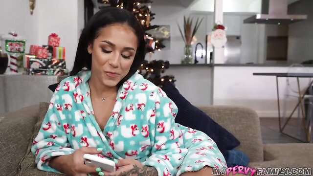 Camila Cortez in sexy robe on couch, MrPovFamily holiday taboo tease