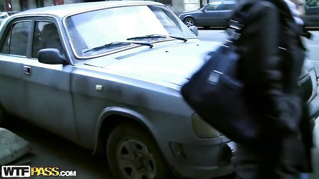 Exotic hot girls share student by Lada car in outdoor amateur scene