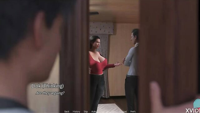 Golden Boy spies on busty Asian milf in tight red top arguing