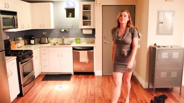 Aaliyah Enjoy in tight gray dress in kitchen, first threesome tease