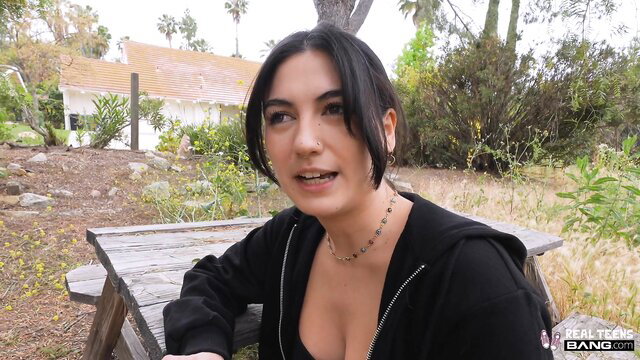 Megan Mistakes cleavage in black hoodie POV blowbang tease