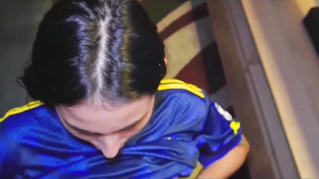Latina teen in blue soccer jersey closeup, big ass stepbro sloppy head