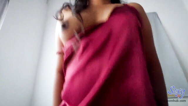 Sexybrownis shy Indian babe in red saree towel slip POV tease