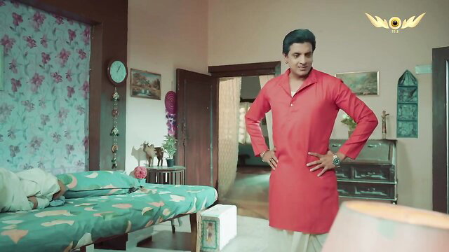 Curvy Jadui Palang in red kurta, teasing bedroom pose hot web series