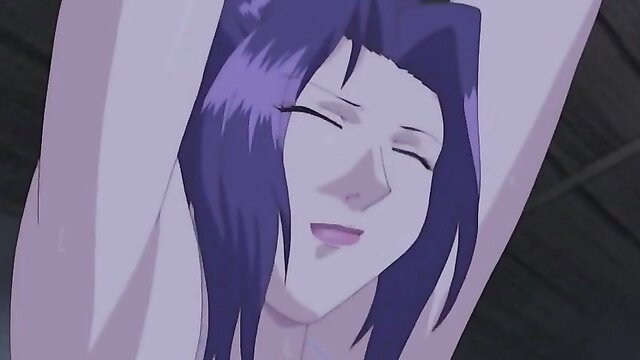 Purple-haired hentai busty bride licks lips stroking huge boner