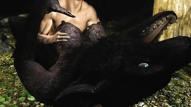 Muscular Asian man fucked by massive black furry werewolf monster in Skyrim porn