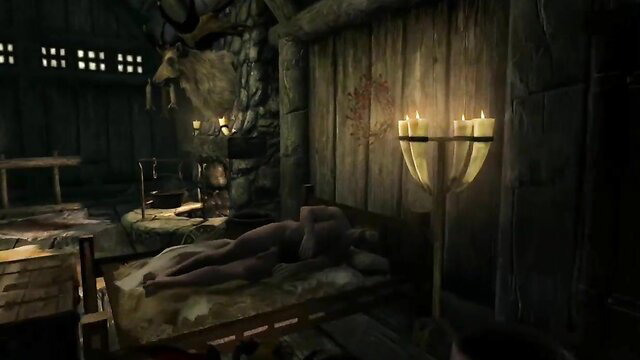 Nude succubus babe lying naked on bed in Skyrim mod porn