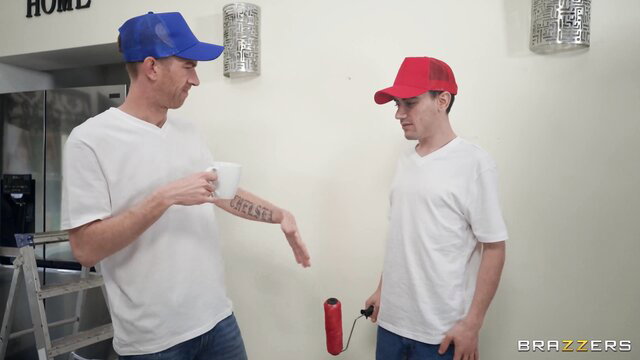 Brazzers housepainters in caps chat with Louise before wet surprise