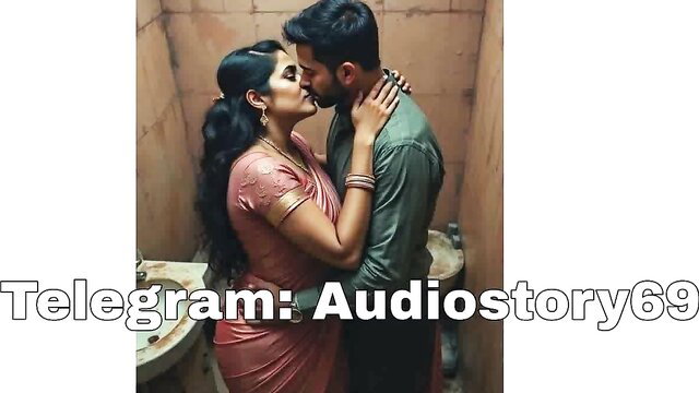 Long hair Indian aunty in pink saree passionately kissing man