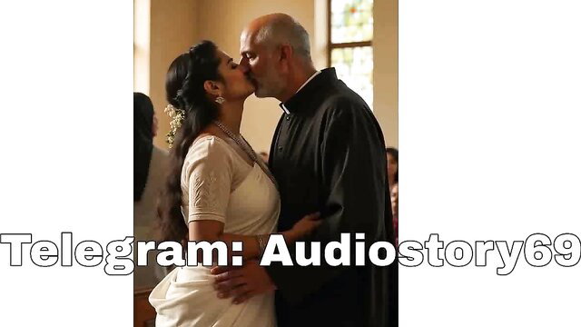 Indian bride in white saree passionately kisses bald priest in church