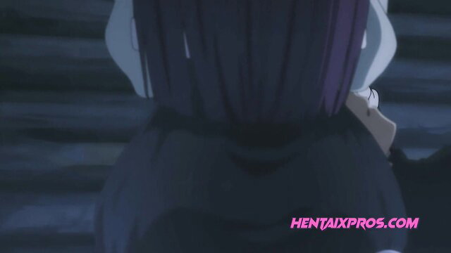 Purple-haired hentai teen's huge ass in tight black dress, cabin warmth sex