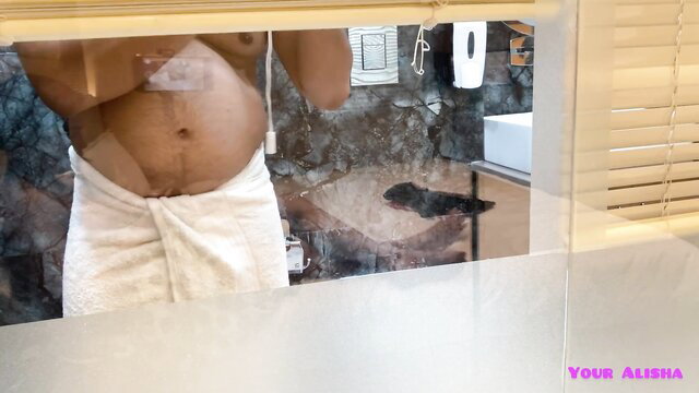 Alishabhabhi pregnant belly in towel mirror selfie bathroom tease