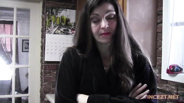Taboo Mom Natasha in black cardigan, seductive gaze, convincing mom fetish