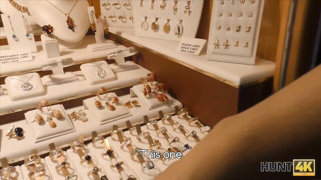 Brunette eyeing diamond ring in jewelry store, Hunt4K cash sex tease