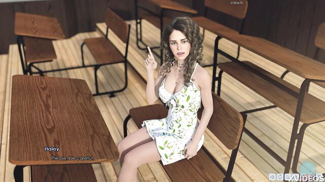 Curly-haired busty teen Riley in floral dress flips off in classroom