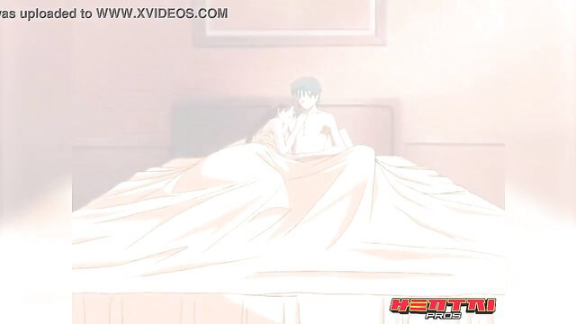 Anime step-mom MILF in bed hugging nude twink son hentai