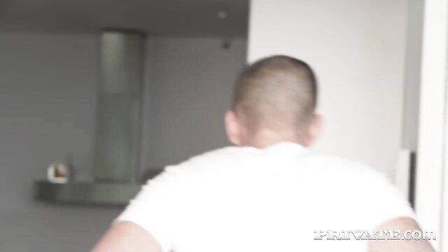 Shaved head man back view in white tee, Teen Maid DP Anya Krey