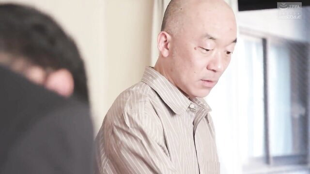 Yuri Sasahara balding man staring intimately in JAV debt wife scene
