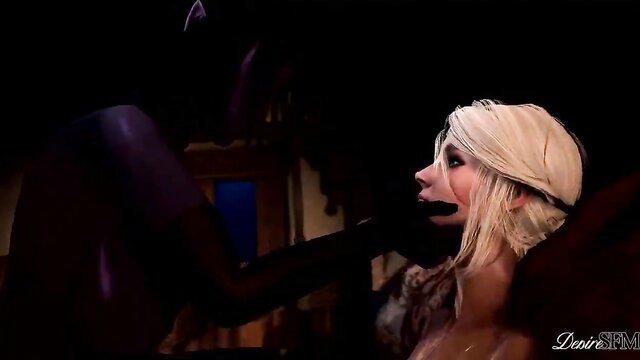Yennefer cosplay blonde sucks huge black cock closeup