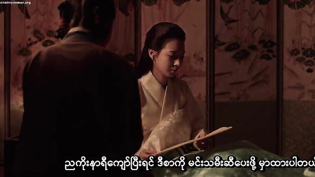 Korean hanbok girl with fan, elegant indoor scene