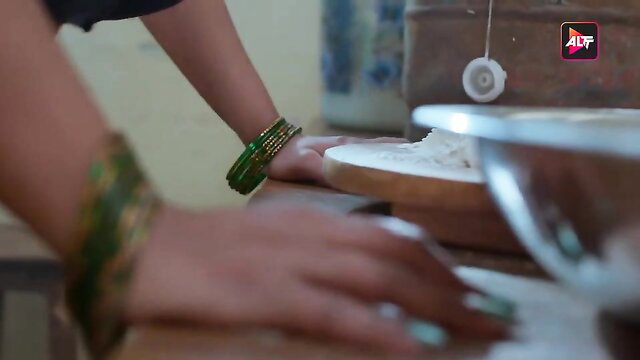 Gorgeous Indian MILF hands in flour, bangles closeup