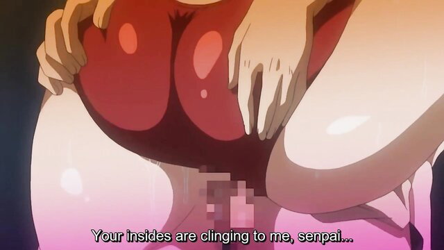 Anime hentai girl with huge tits and ass clinging to senpai in explicit penetration