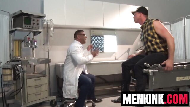 Draven Navarro and Colby Jansen examine Pierce Paris in kinky hospital scene