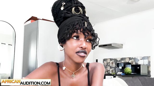 Hot ebony teen goddess with big ass in kitchen, ready for wrecking