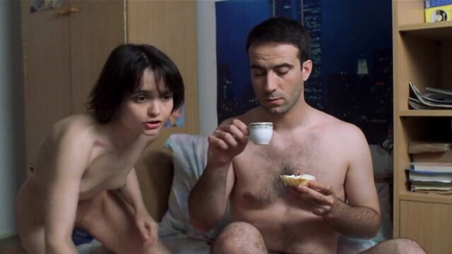 Dorina Chiriac nude with men eating, hot topless scene from Niki and Flo
