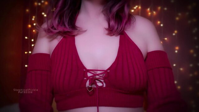 Hot Skeptical Pickle in sexy red lace-up top and arm warmers ASMR tease