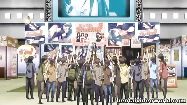 Hentai comiket crowd cheers at outdoor doujinshi booth with sexy anime girls