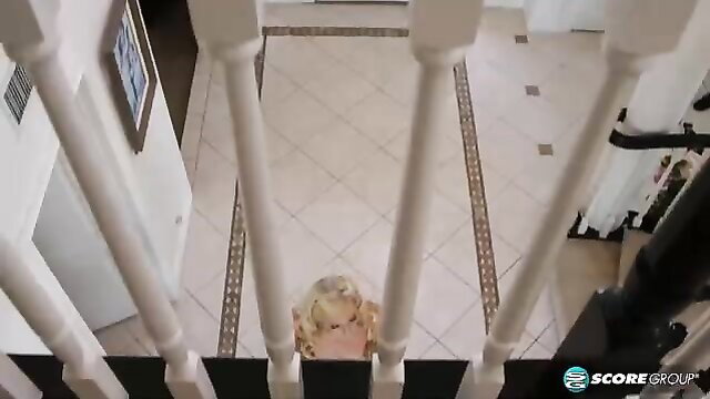 Platinum-blonde granny Layla Rose POV tease on stairs