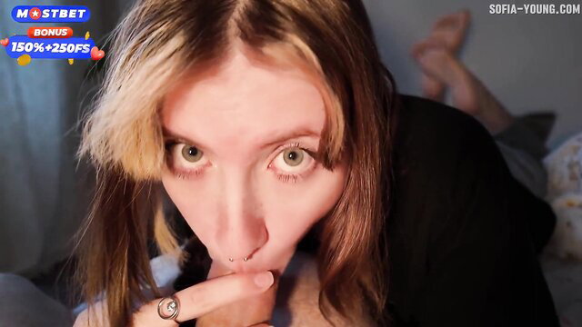 Blonde with bangs makes blowjob face closeup in inspired fucking thumbnail