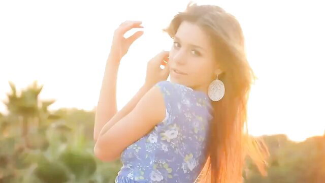 Beautiful Russian Lily C Raisa in floral dress, sunny outdoor tease