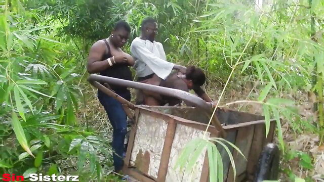 Fuckqueen gangbanged by two black men in thicket, tight pussy pounded