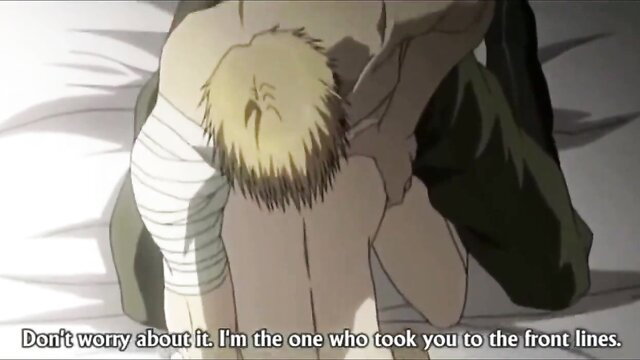 Anime yaoi thumbnail of bandaged blond twink comforted by muscular seme on knees