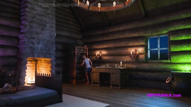 Blonde hentai girl in shorts by bookshelf in log cabin scene